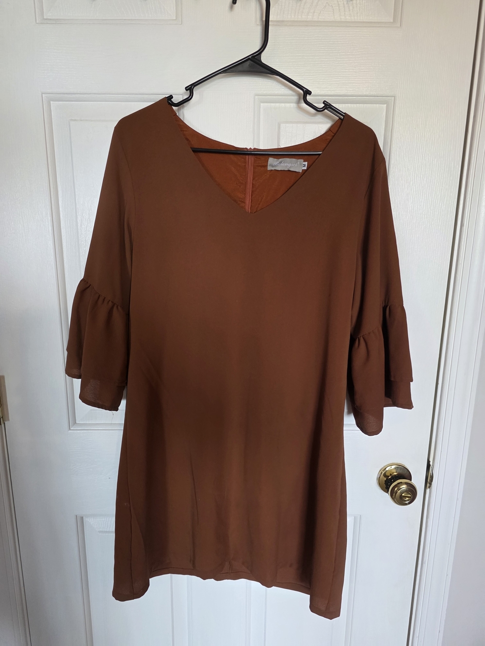 V-Neck Ruffle Sleeve Tunic Top - Brown